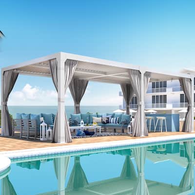 EROMMY 12x24 Adjustable Louvered Pergola with Curtains and Netting, Hardtop Outdoor Patio Gazebo with Metal Roof