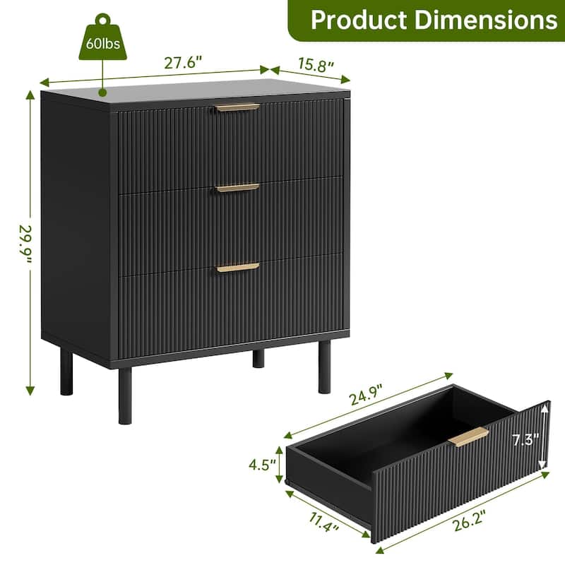 27.6'' Fluted 3 Drawer Dresser, with Anti-Tipping Device