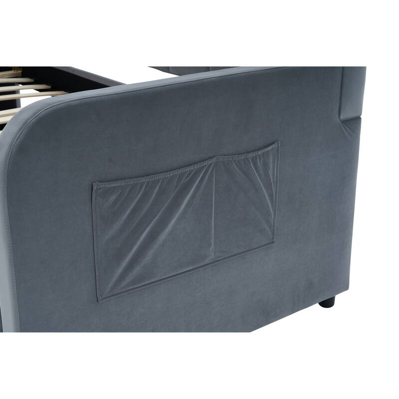 Twin Size Velvet Upholstered Daybed, Wood Sofa Bed Frame Daybed Couch with Trundle Bed and Wood Slat