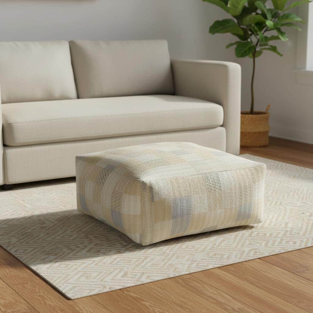 HomeRoots 48" Cream Cotton Patchwork Pouf Ottoman