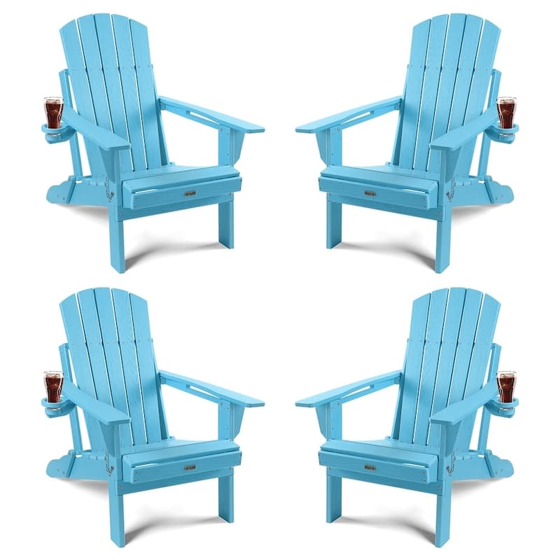 WINSOON All Weather HDPE Outdoor Folding Adirondack Chair With Cup Holder Set of 4 - Baby Blue