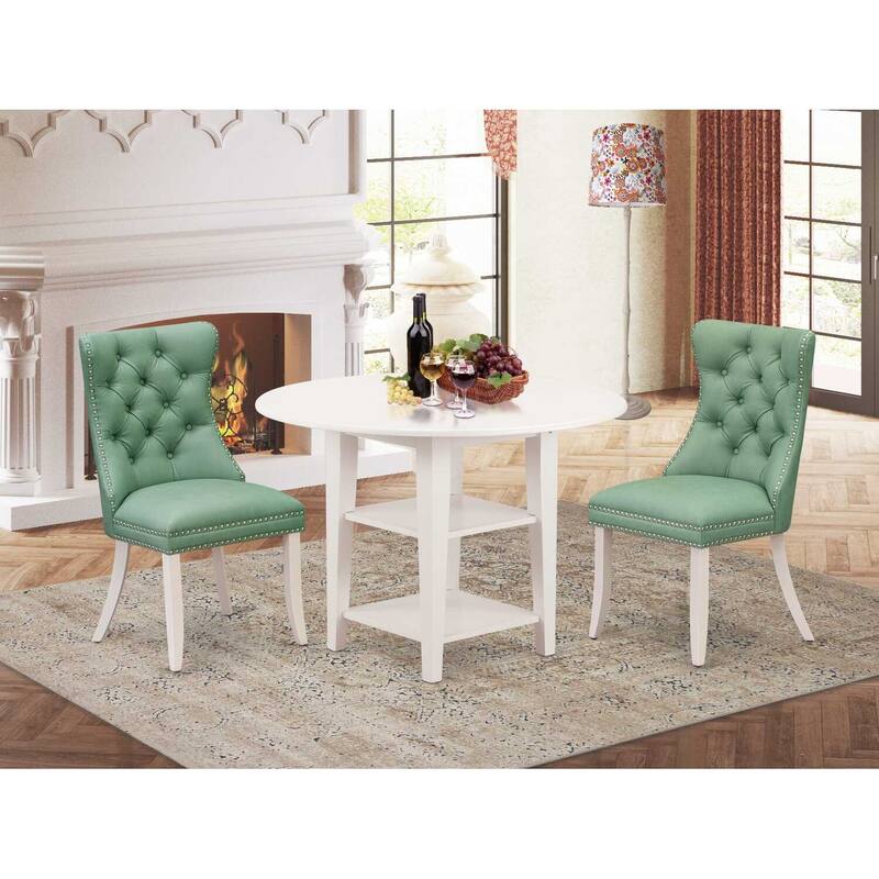 HomeStock 3-Pc Linen White Finish Round Solid Wood Top with Dropleaf Dining Table Set