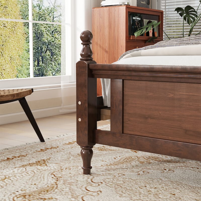 Classic Platform Bed Wooden Frame Queen Size Bed with Upholstered Tufted Headboard, Panel Footboard and Central Support Feet