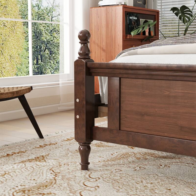 Queen Pine wooden Bed with Upholstered Headboard and Panel Footboard, with Two Bed Rail Support Feet and Central Support Feet