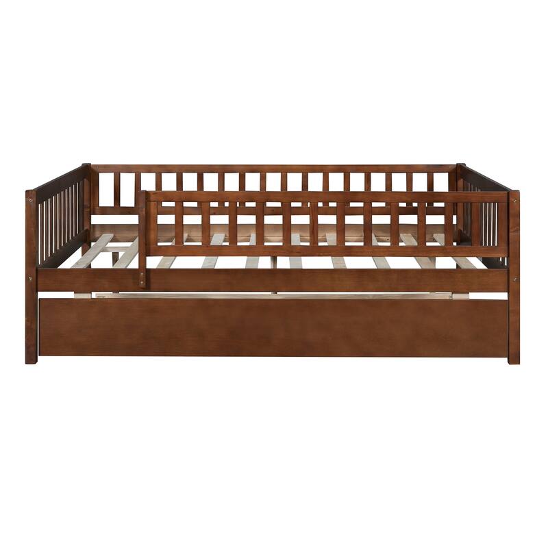 Full Size Wood Daybed with Trundle and Fence Guardrails, Space-Saving Design