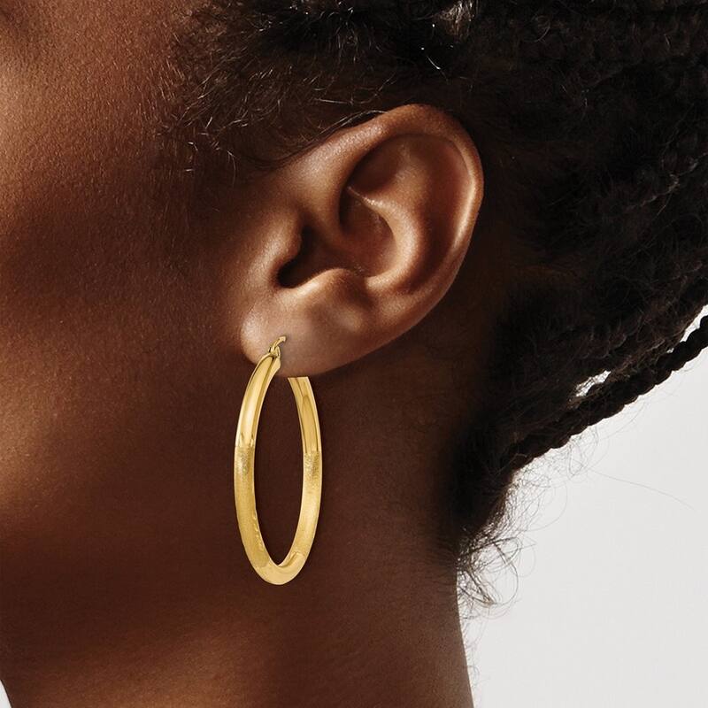 Curata 14k Yellow Gold Satin and Sparkle Cut Round Hoop Earrings - 35x35mm