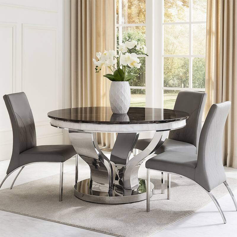 51 Inch Round Dining Table, Marble Top, Glass Tiles on Edge, Chrome Base