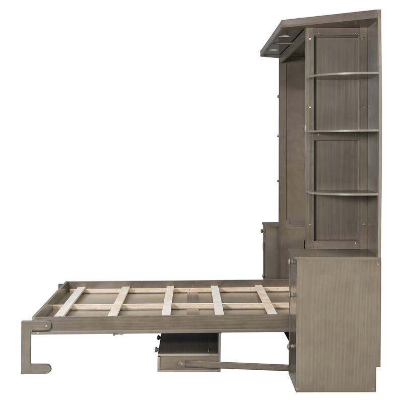 Queen Size Murphy Bed Wall Bed with Hidden Foldout Workstation, Side Open Shelves, Storage Cabinet and Drawers