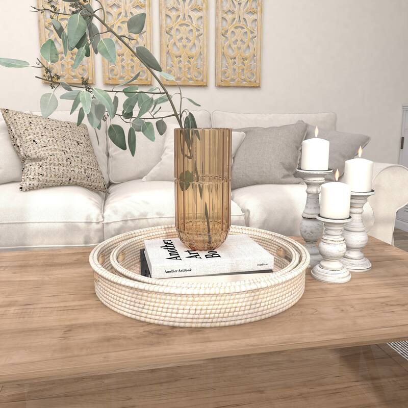 Cream Rattan Living Room Decor Tray with Slot Handles (Set of 2) - 20 x 20 x 3Round