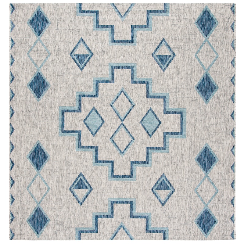 SAFAVIEH Courtyard Cemre Indoor/ Outdoor Waterproof Patio Backyard Rug - 6'7" Square - Grey/Aqua