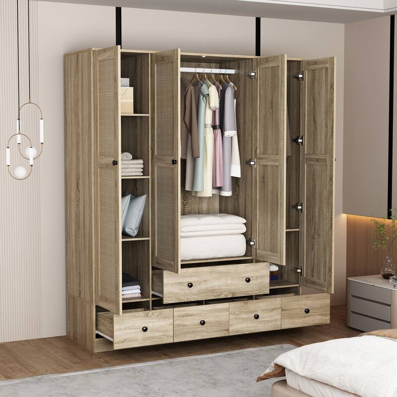 Large Storage Wardrobe Versatile Rattan Door Closet with Deep Drawers
