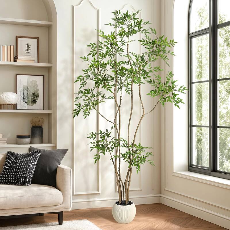 Artificial Plants Indoor, 5FT Tall Faux Floor Plant in Pot, Nandina Artificial Tree with Grey Planter - 7FT
