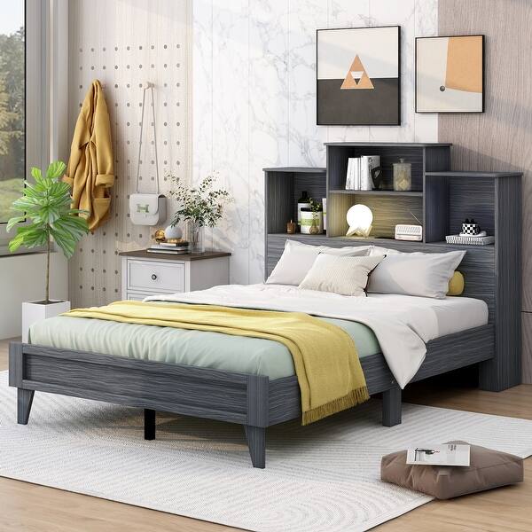 slide 2 of 23, Slats Platform Bed Storage Headboard Bed Frame Noise-Free Design with USB Charging & Center Support Legs, High Weight Capacity Grey - Full