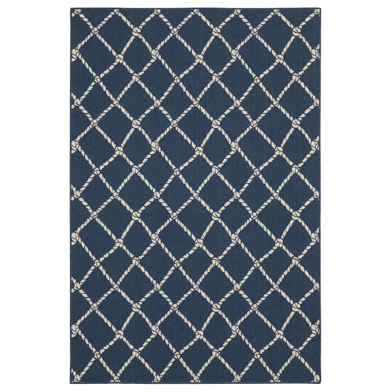 Miramar Nautical Rope Lattice Navy/ Ivory Indoor/Outdoor Area Rug- - 6'7" x 9'6"