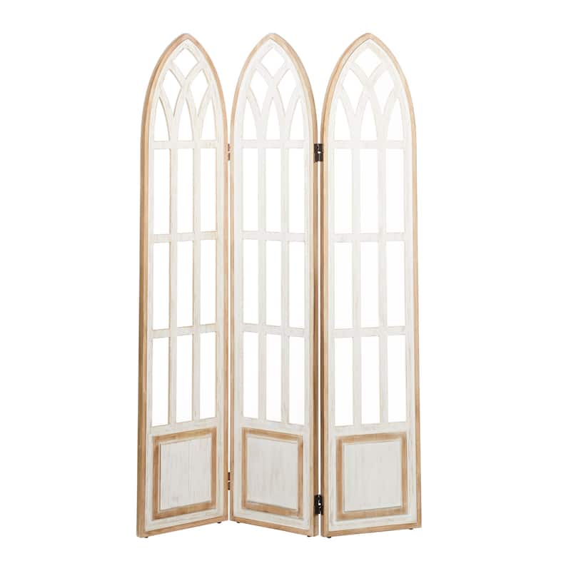 White Wood Hinged Foldable Arched Partition 3 Panel Partition Room Divider Screen with Window Pane Details
