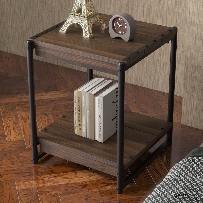 20'' Large Square Farmhouse Grey Wood Storage End Table