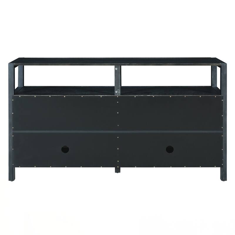 Rattan Buffet Storage Cabinet with Solid Wood Frame, Sideboard with 3-position Adjustable Shelves for Living & Dining Rooms