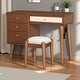 preview thumbnail 1 of 15, 39" Wood Bohemian Vanity Set with USB Ports, 4 Drawers and Rattan Accents and Cushioned Stool Walnut