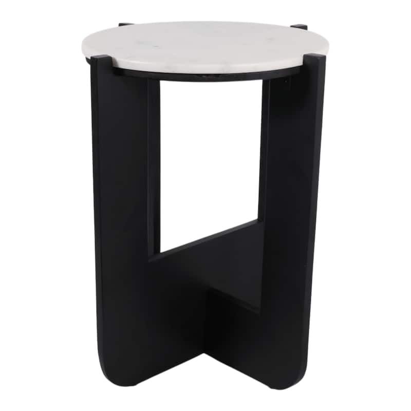Marble Wood Accent Table Round Top Frame Modern - 20" White Black - 16" x 16" x 19.75"