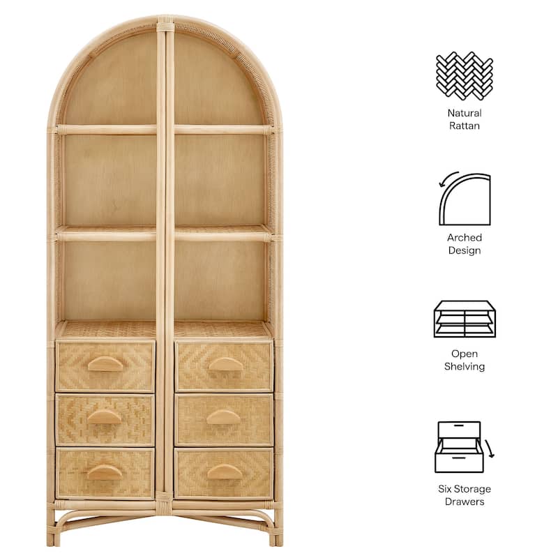 Jane 71 Inch Tall Arched Natural Rattan Bookshelf