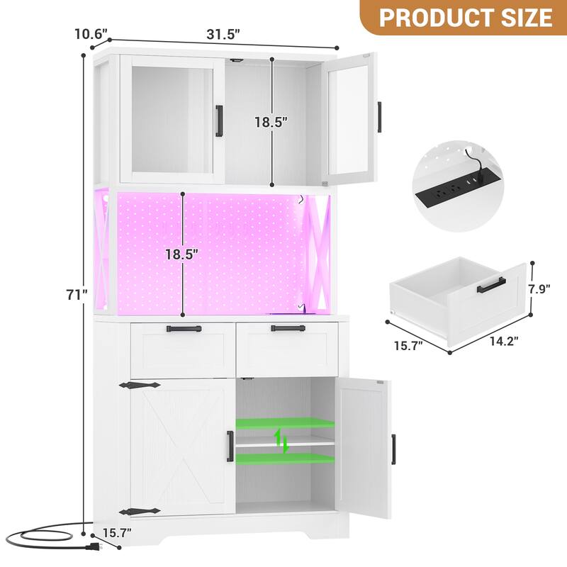 71" Kitchen Pantry Storage Cabinet with LED Light & Power Outlet, Freestanding Buffet Cabinet with Microwave Stand and Doors