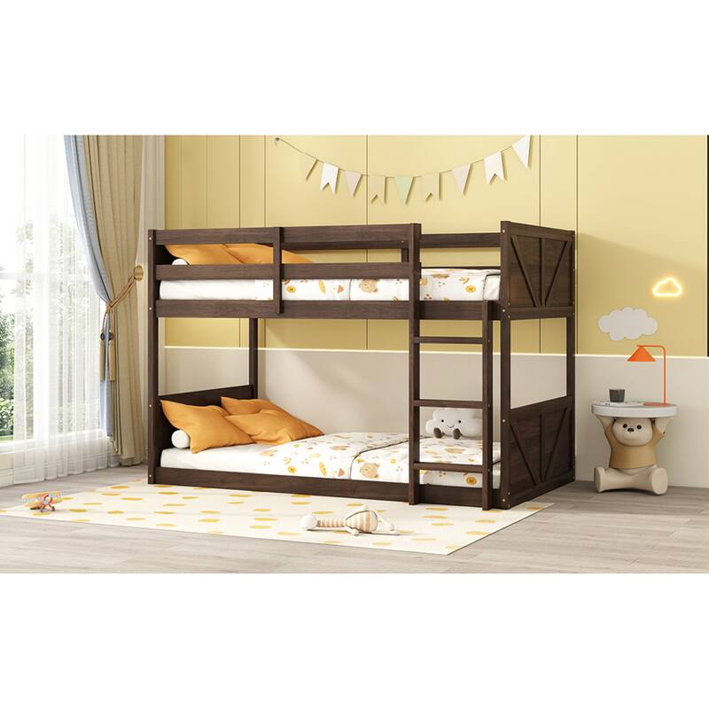 Roomfitters Twin over Twin Floor Bunk Bed with Panel Headboard and Footboard, Solid Rubber Wood Frame, Ladder