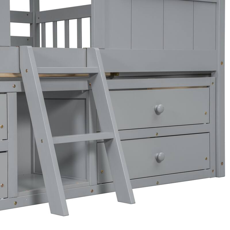 Full Size House Loft Bed with 4 Drawers with Safety Guardrails and Ladder