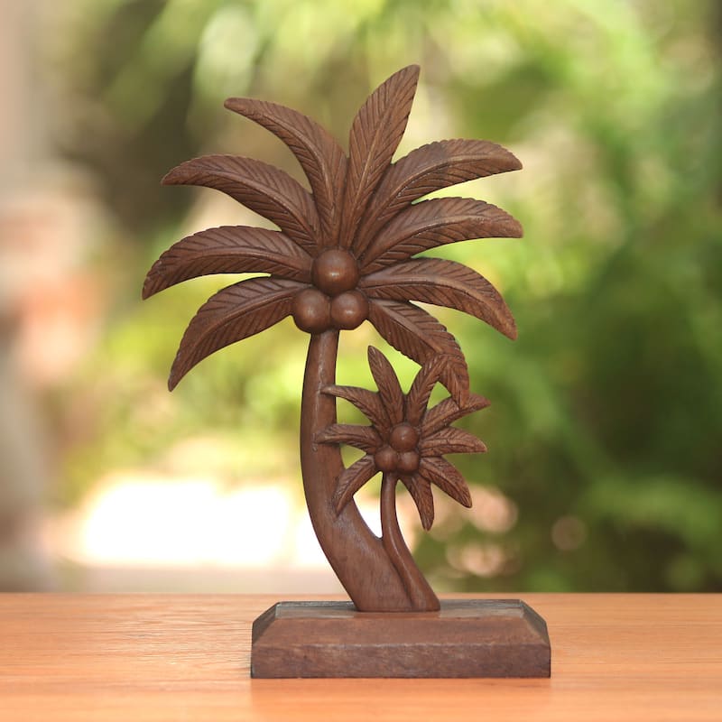 NOVICA Handmade Coconut Trees Wood Statuette - 12.5" H x 6" W x 3.5" D