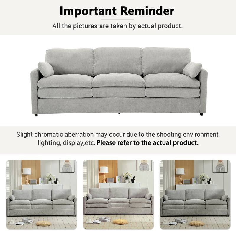Modern Chenille Comfy Upholstered 3-Seat Sofa, Comfy Cloud 3-seater Sofa w2 Lumbar Pillow Plush Cushion Sofa Couch