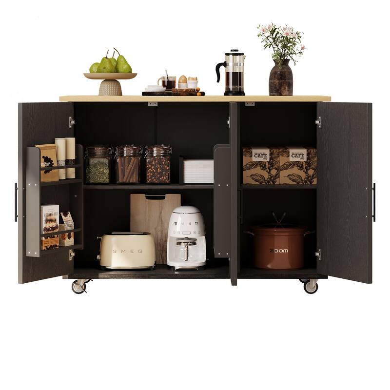 Kitchen Island on Wheels 51.2"W Geometric Twill Stripe Textured Kitchen Island with Drop Leaf Multifunctional Storage Cart