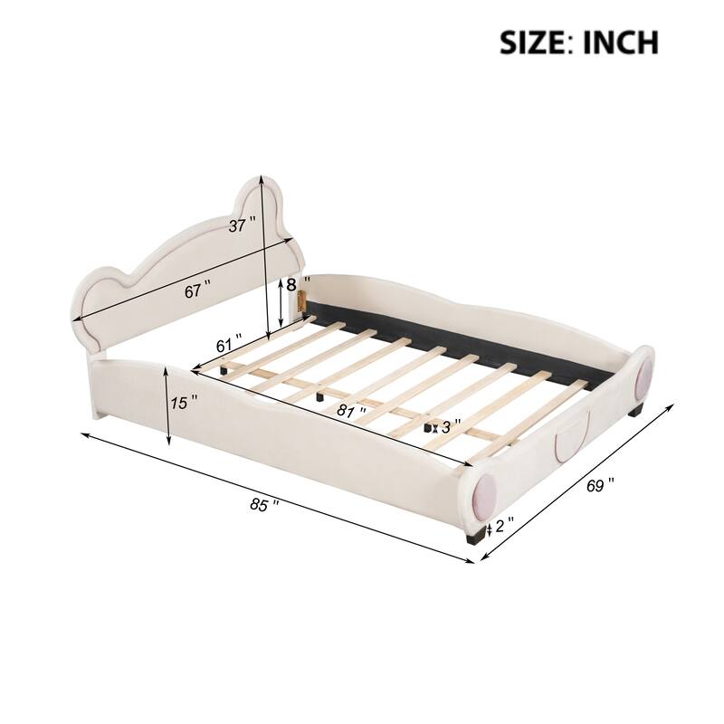 Velvet Platform Bed with Bear-Shaped Headboard and Bed-End Storage Pocket