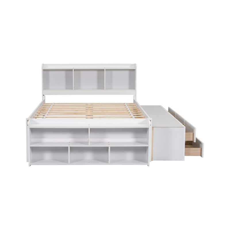 White Full Size Platform Bed with Bookcase Headboard and Storage