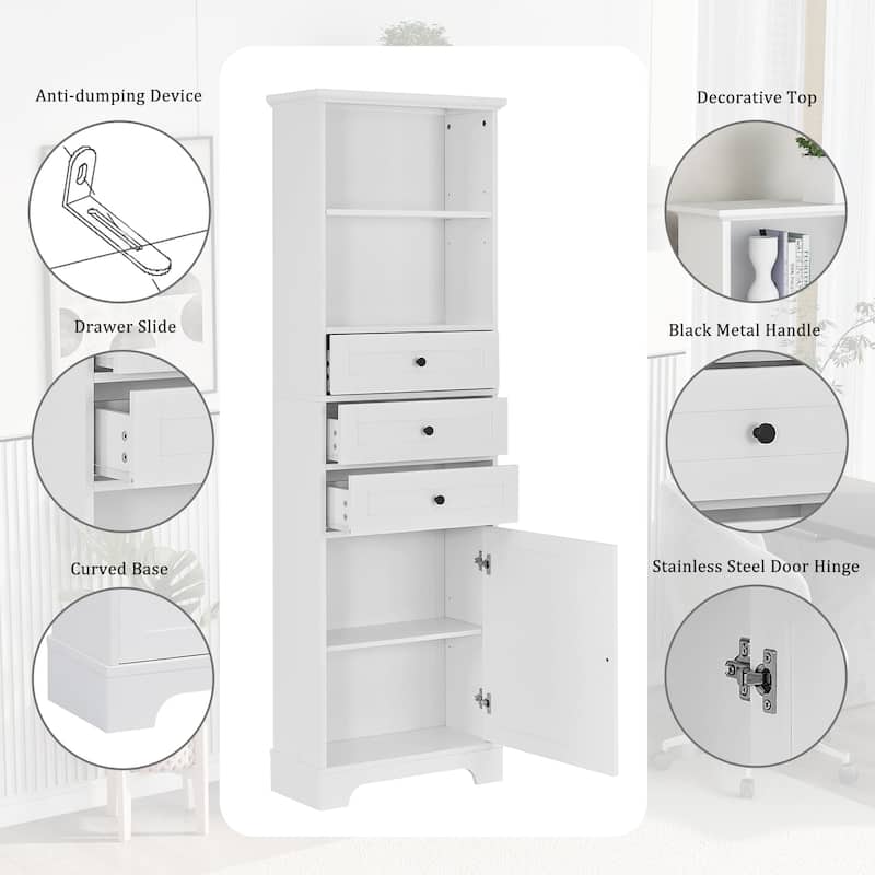 68" Tall Freestanding Bathroom Cabinet with 3 Drawers and Adjustable Shelves
