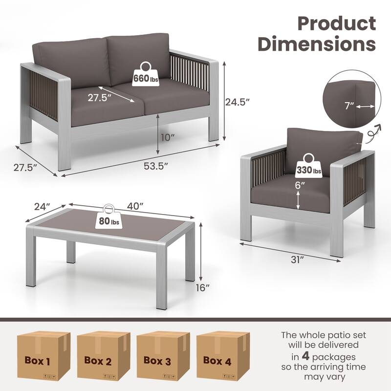 4 PCS Modern Aluminum Patio Set Outdoor Sofa & Table Set w/ Cushions