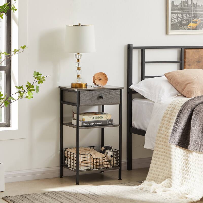 27.5" Tall Nightstand with 1-Drawer and Open Storage Shelf, Metal Frame and Fence Sofa End Table (Set of 2)