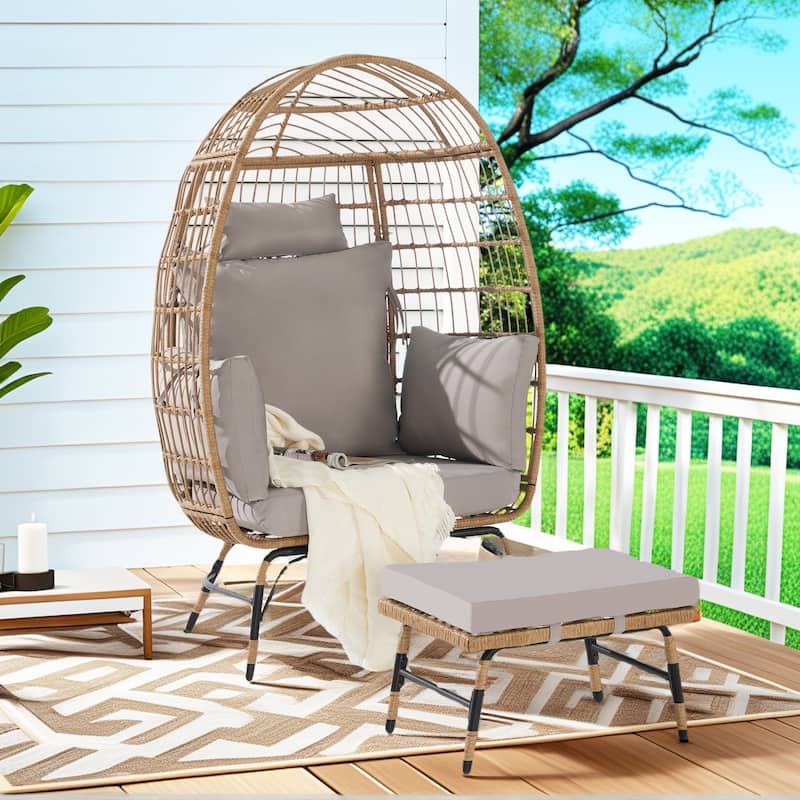 Luxury All-Weather Egg Chair with Ottoman, Oversized Rattan Hanging Chair for Patio, Balcony & Backyard
