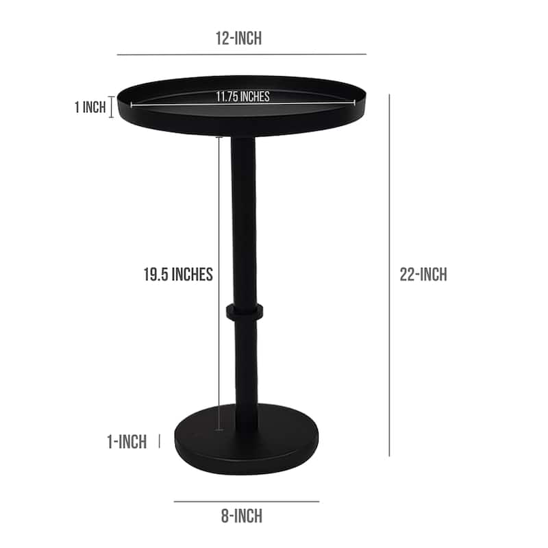 Ara 22 Inch Side End Table, Vintage Sleek Pillar Base, Round Tray Top Matte Black