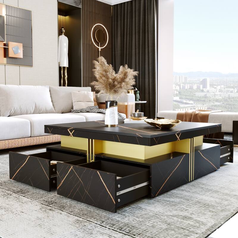 Roomfitters Modern Square Coffee Table, 4 Hidden Storage Compartments with Gold Accents, Contemporary Living Room Center Table