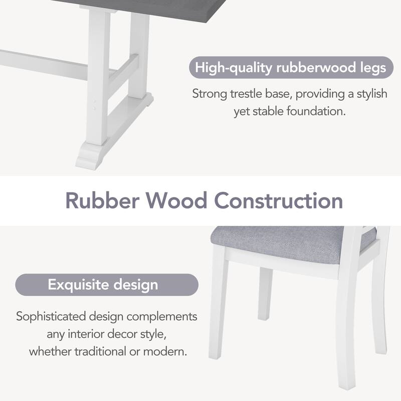 6-Piece Extendable Trestle Dining Table Set with Removable Leaf, Kitchen Set with Upholstered Chairs and Bench