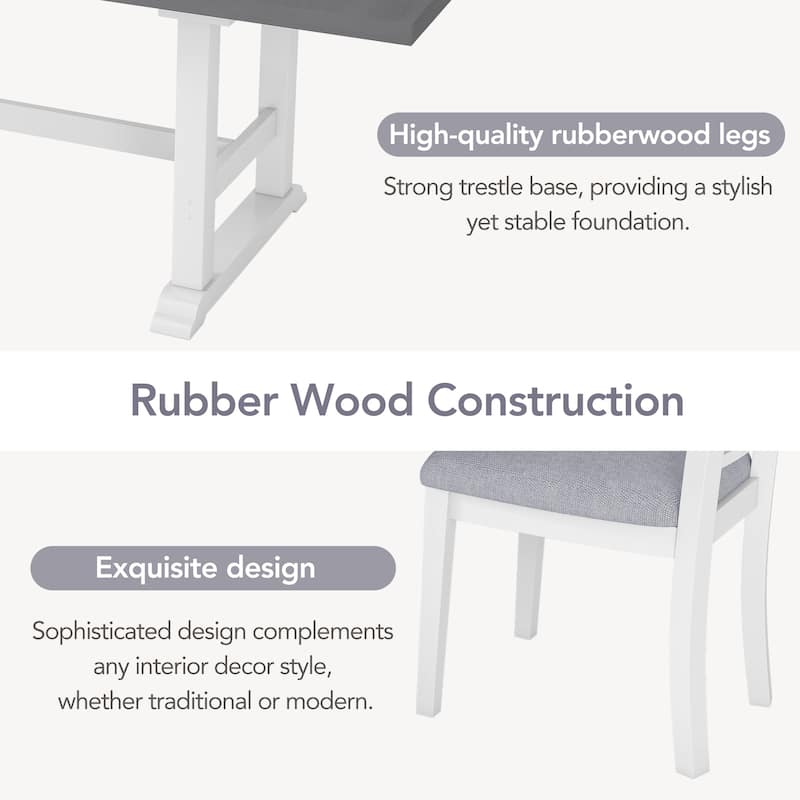 Roomfitters 6-Piece Dining Set, Rectangular Wood Kitchen Table with Trestle Base, 4 Upholstered Chairs and Bench