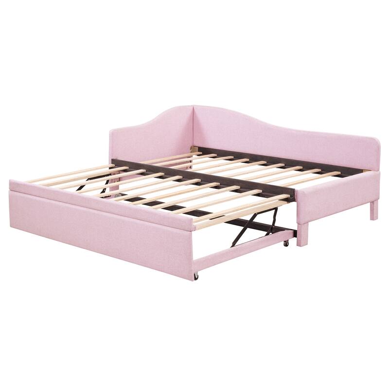 Twin Size Upholstered Daybed with Pop-Up Trundle, L-Shaped Backrest
