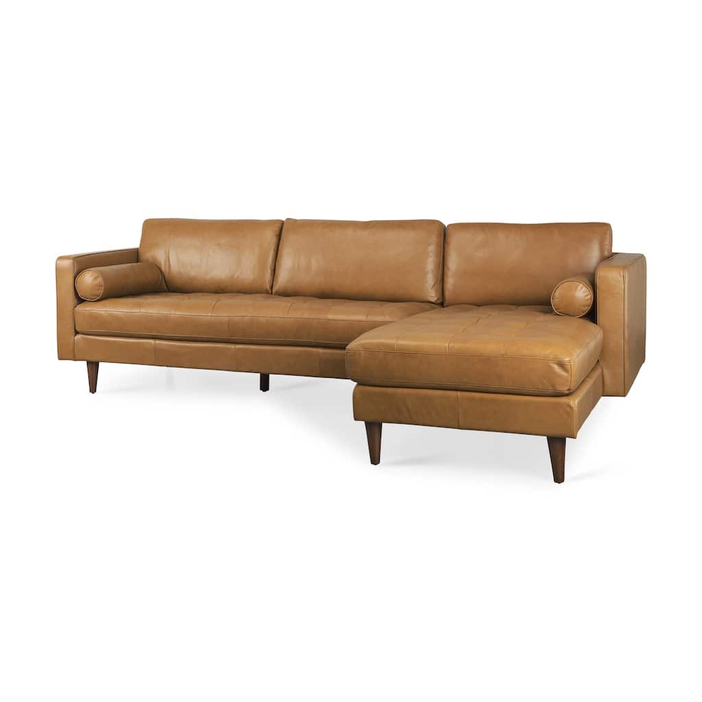 HomeRoots Tan Genuine Leather L Shaped Sofa and Chaise Sectional With Toss Pillows