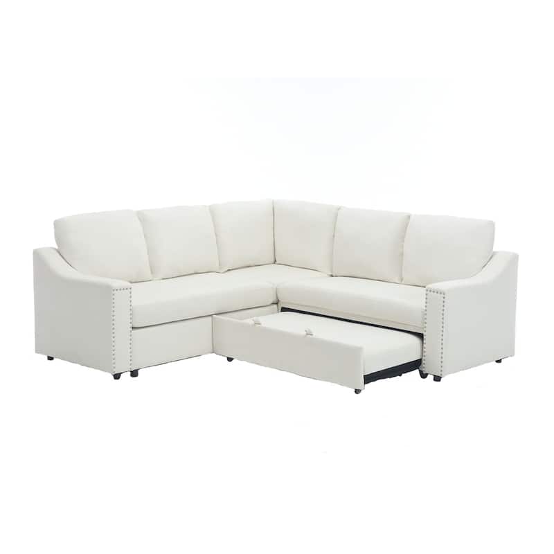 L Shaped Chenille Fabric Pull-out Sofa Bed, Corner Sofa with Pillows