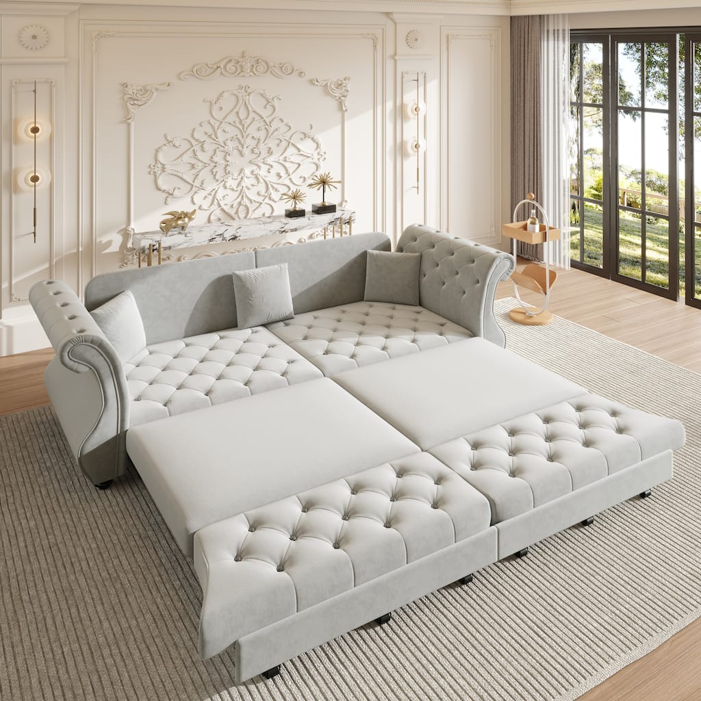 97.6" Oversized Chesterfield Pull-Out Sofa Bed, Velvet Upholstered Sleeper Couch with Roll Arms & Tufting