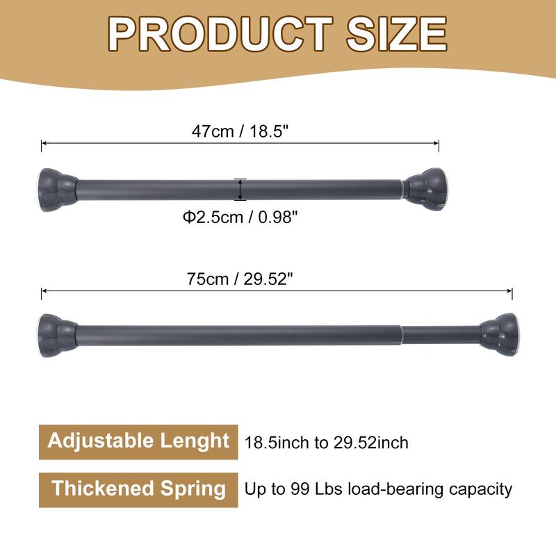 Window Curtain Rod, 18.5" to 29.52" 99lb Tension Closet Rod Adjustable - Grey