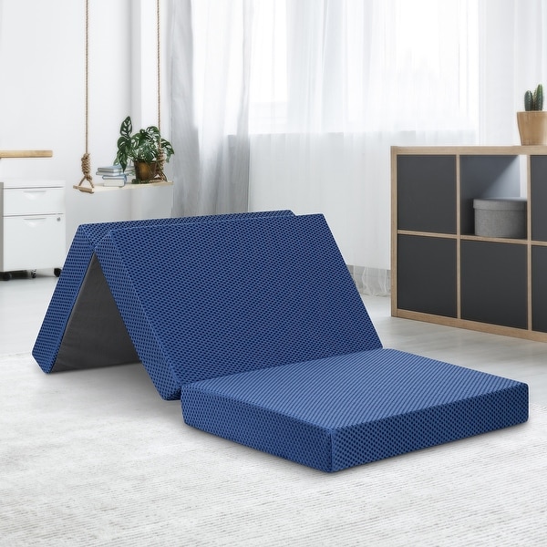 4'' Portable Cushioned Tri Folding Soft Memory Foam Mattress Blue Indoor/Outdoor 