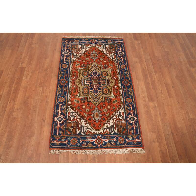 Hand Knotted Oriental 100% Wool Carpet Traditional Medallion Oranges & Rust Heriz (serapi) Area Rug - 5' 0'' X 2' 10''