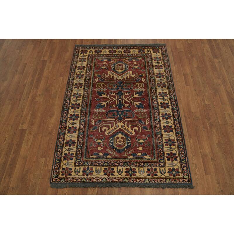Hand Knotted Oriental 100% Wool Carpet Traditional Geometric Red Super Kazak Area Rug - 5' 10'' X 4' 0''
