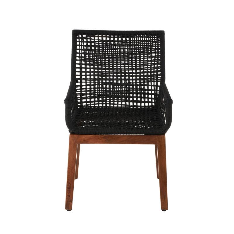 Black Jute Rope Handmade Woven Living Room Accent Chair with Brown Wooden Legs