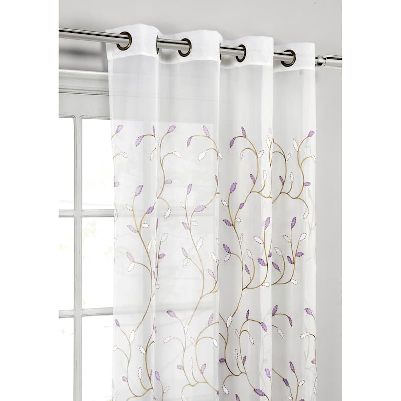 Wavy Leaves Embroidered Sheer Extra Wide Window Curtain (Single Panel)
